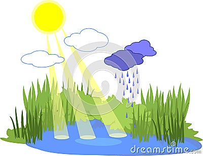 Cartoon blue pond with green grass, yellow sun with rays and clouds with raindrops Vector Illustration